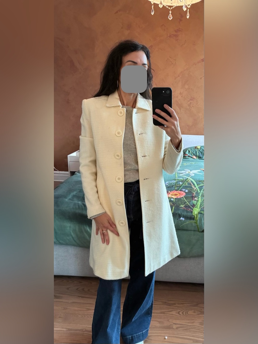 Cream Knit Long Trench Coat with Button Closure